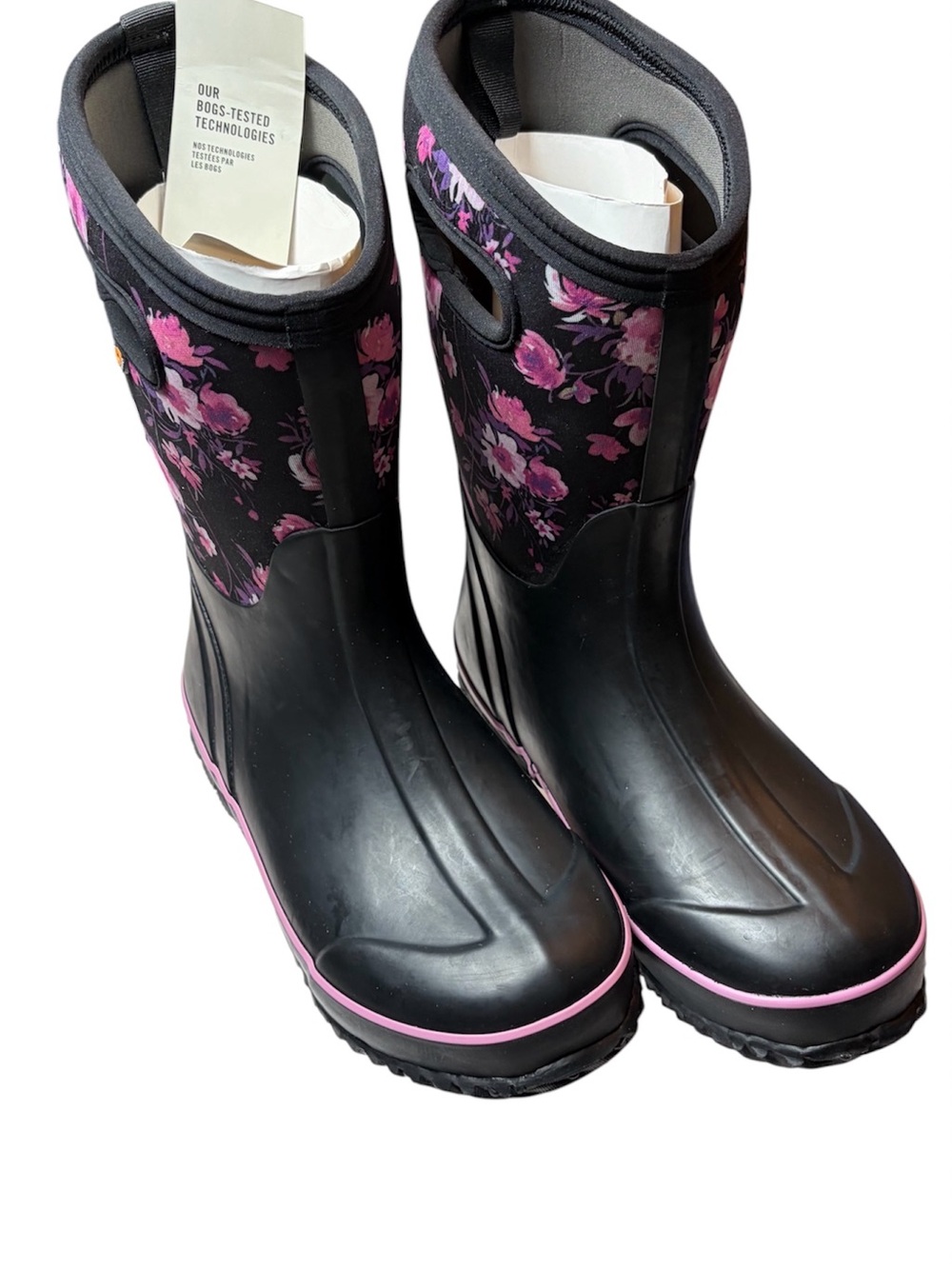 NWT BOGS girls size 6 Black Floral Rain Boots with Pink Accent